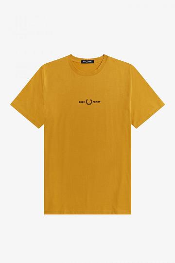 Gold Fred Perry Embroidered Men's T Shirts | PH 1650RVDW